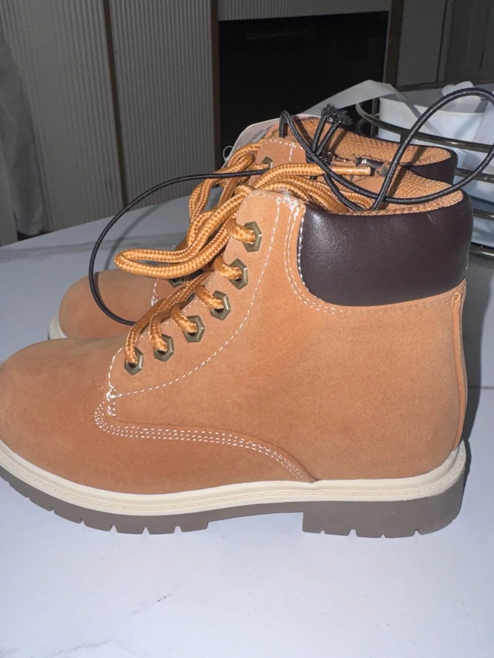 Kids Suede Lace-Up Ankle Boots in Tan with Brown Collar